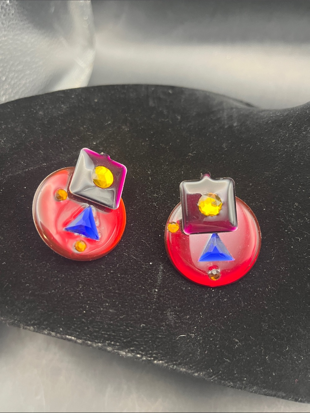 Vintage 80's Retro Red Blue Acrylic Post Earrings yellow geometric RARE